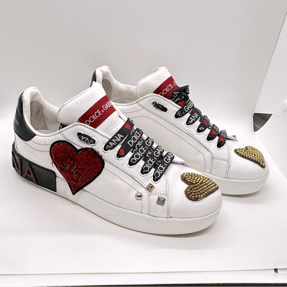Dolce & Gabbana White Leather Portofino Gold RedHeart Low Top Sneakers Size 38 - Picture 4 of 13